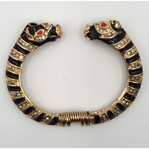 Vintage KENNETH JAY LANE Black Enamel White Rhinestone Zebra Bangle Bracelet - Picture 2 of 7